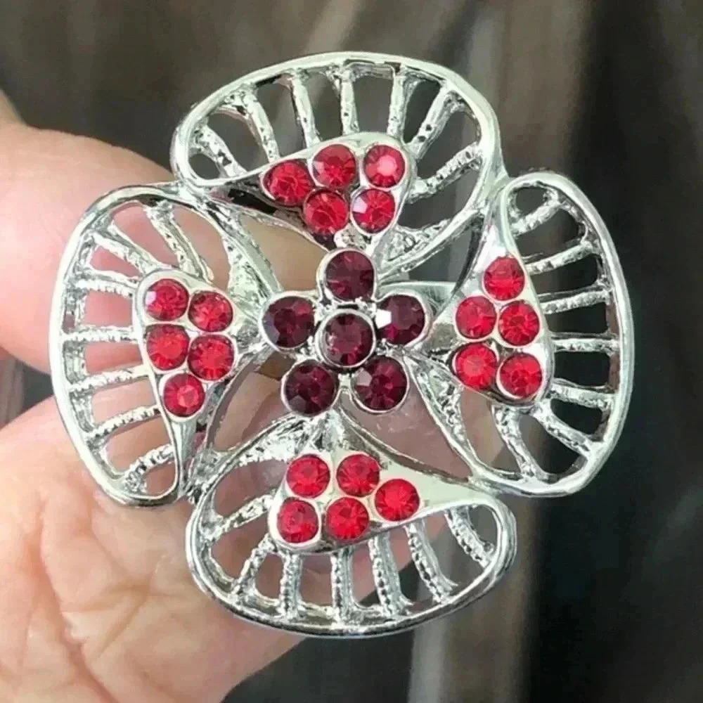 Elegant Ruby Red Flower Gemstone Silver Sweater Brooch Lapel Pin NWT